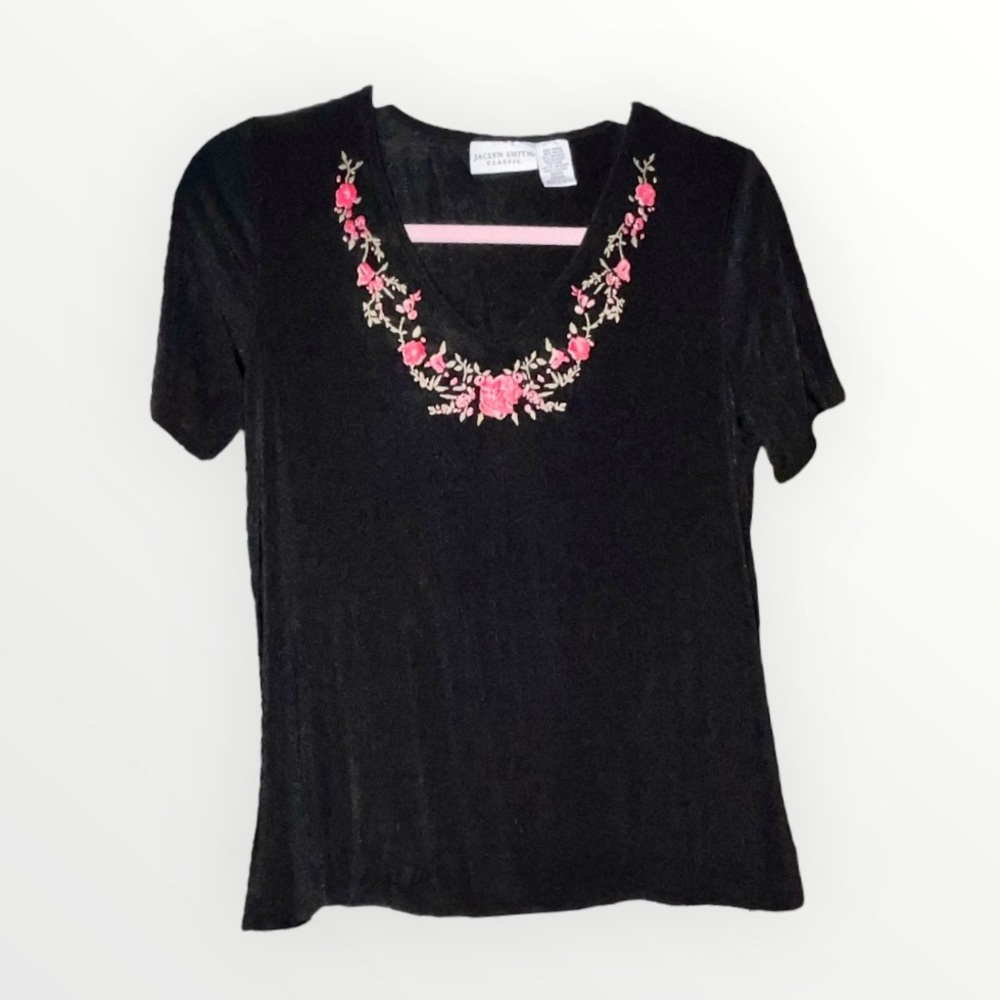 Jaclyn Smith Vintage Black Shimmer Sparkly Floral Embroidered V-Neck Tee Medium